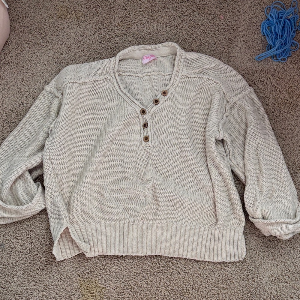 Pink Lily Cream V-Neck Sweater with Button Detail